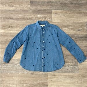 LOFT Women's Blue Button Down Shirt with Dot Pattern